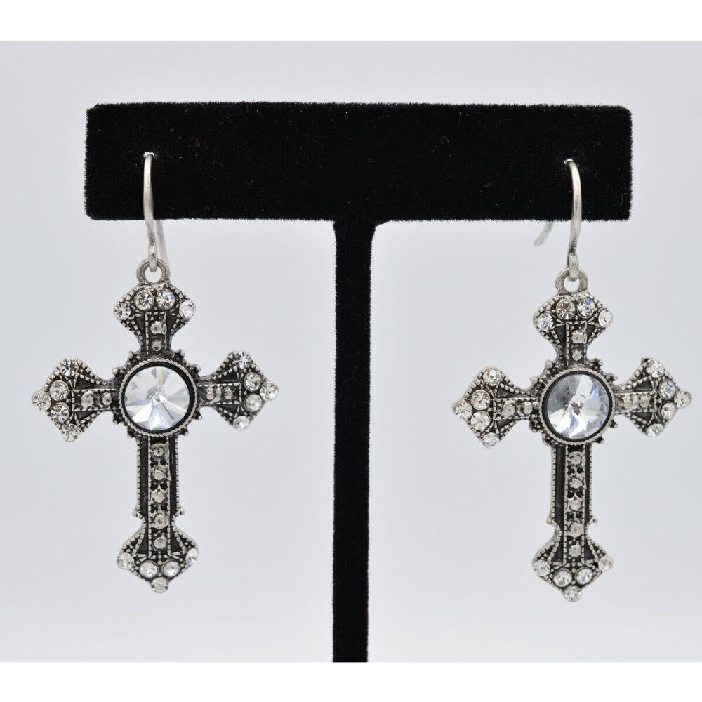 Statement Cross Dangle Earrings Sparkling Rhinestone Crystal Silver Shiny BinH
